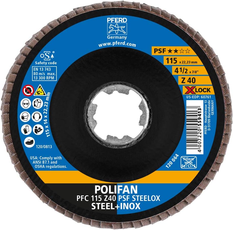 PFERD Fächerscheibe POLIFAN, 10 Stück, 115mm, Z40, X-LOCK (22,23 mm), PSF STEELOX, 67664116 – für ho