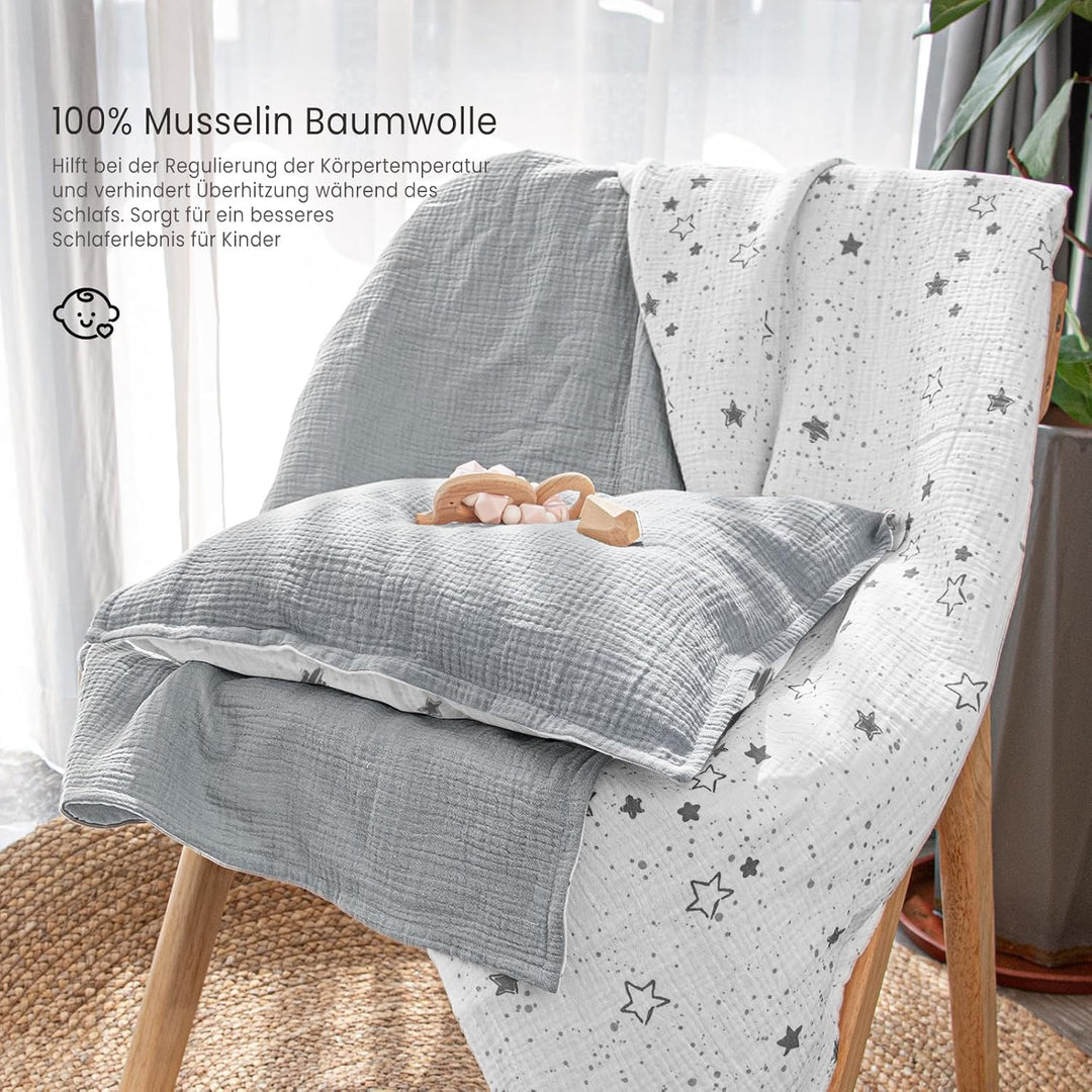 lulumoon Musselin Kinderbettwäsche 100x135: Bettbezug 100x135 + Kissenbezug 40x60cm aus Baumwolle –