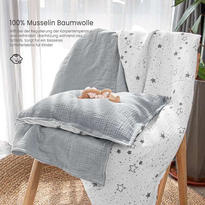 lulumoon Musselin Kinderbettwäsche 100x135: Bettbezug 100x135 + Kissenbezug 40x60cm aus Baumwolle –