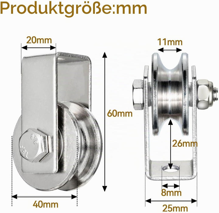 40mm Umlenkrolle mit 2 Kugellager, Edelstahl Fitness flaschenzug，Umlenkrollen für 8mm Seile Stahlsei