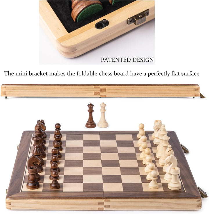 A&A Wooden Chess Set, 2 in 1, 15" Folding Board, 3" King Height German Knight Staunton Chess Pieces/