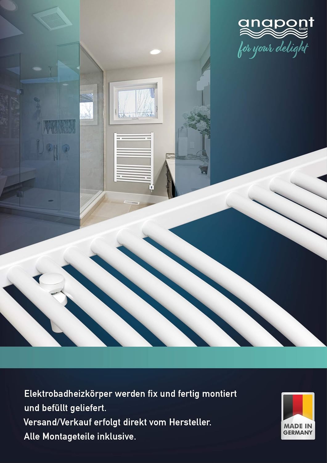 anapont elektrischer Badheizkörper 775x400 - weiss gerade - Timer-Funktion - Handtuchheizkörper - Ba