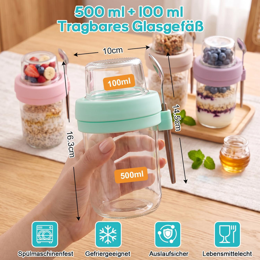 Overnight Oats Gläser, 4er 480+120ml, Spülmaschinenfest