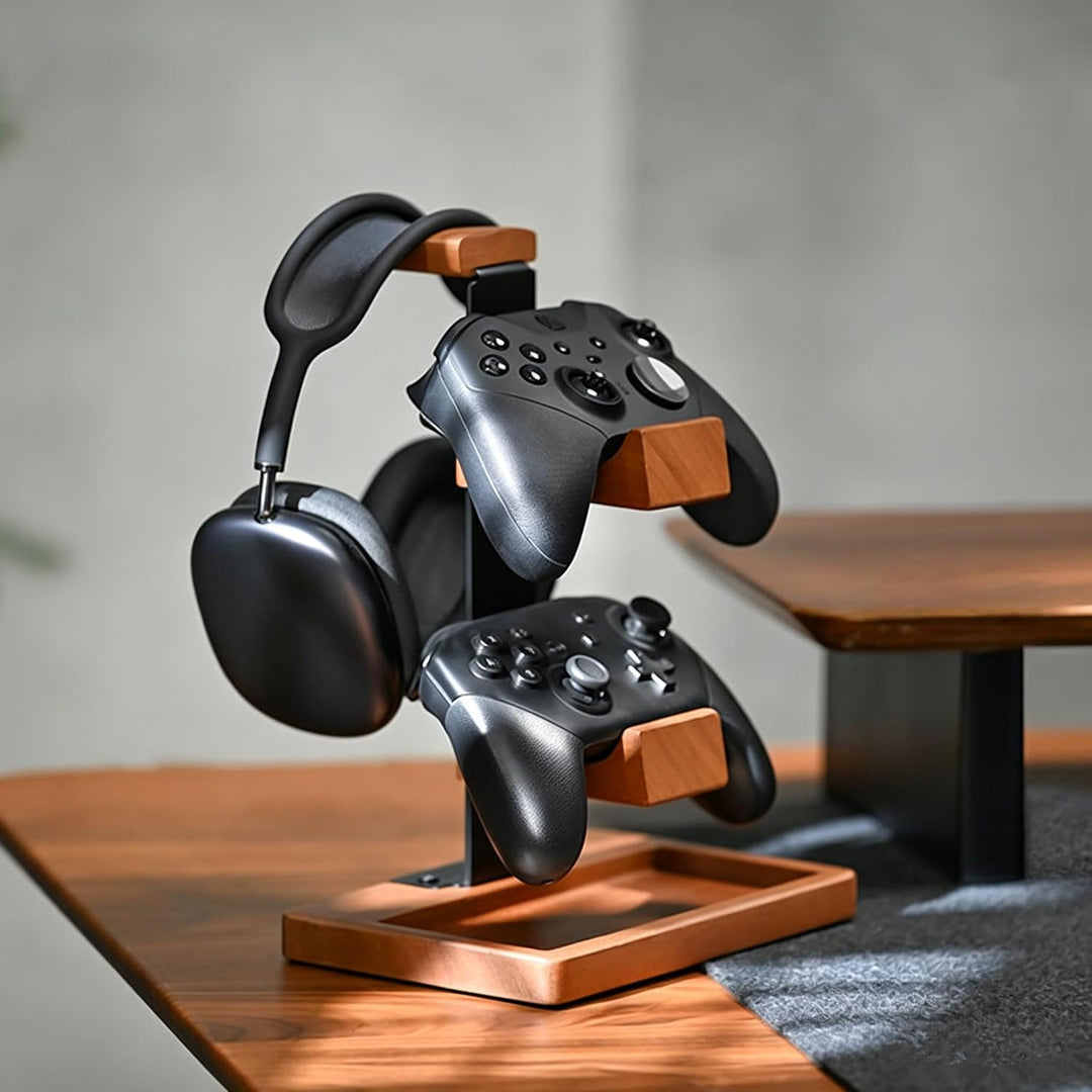 Holz Controller Halter mit Kopfhörer Ständer, Doppel Gamepad Halter