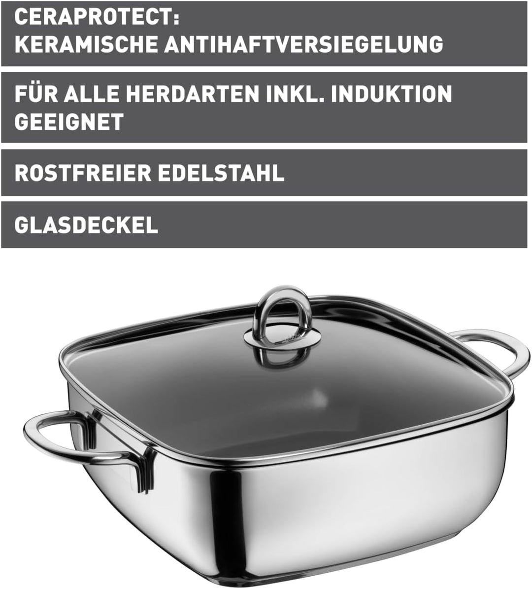 Silit Studio Bräter mit Deckel backofengeeignet, 29 x 29 x 10 cm, Schmortopf Induktion, Edelstahl be