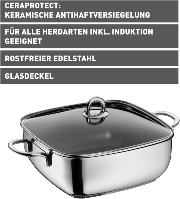 Silit Studio Bräter mit Deckel backofengeeignet, 29 x 29 x 10 cm, Schmortopf Induktion, Edelstahl be