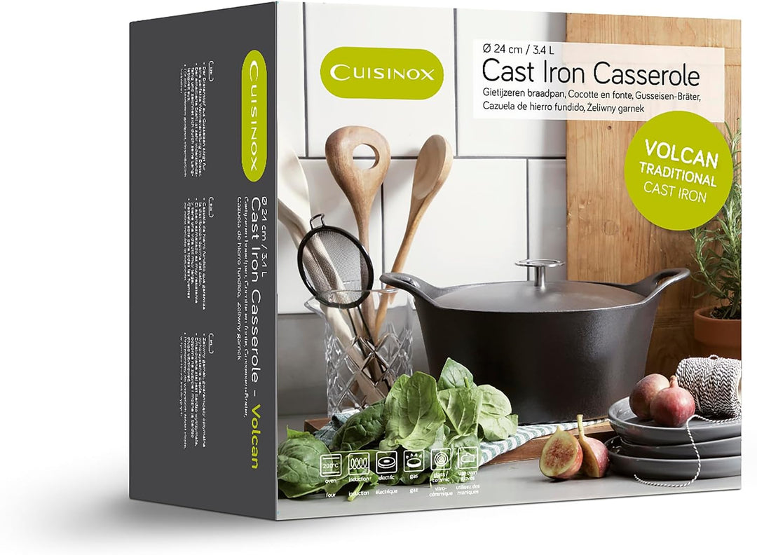 Cuisinox C61179WX29857 Volcan Bräter, rund, 24 cm, Gusseisen, emailliert, Schwarz, mit Deckel 24 cm