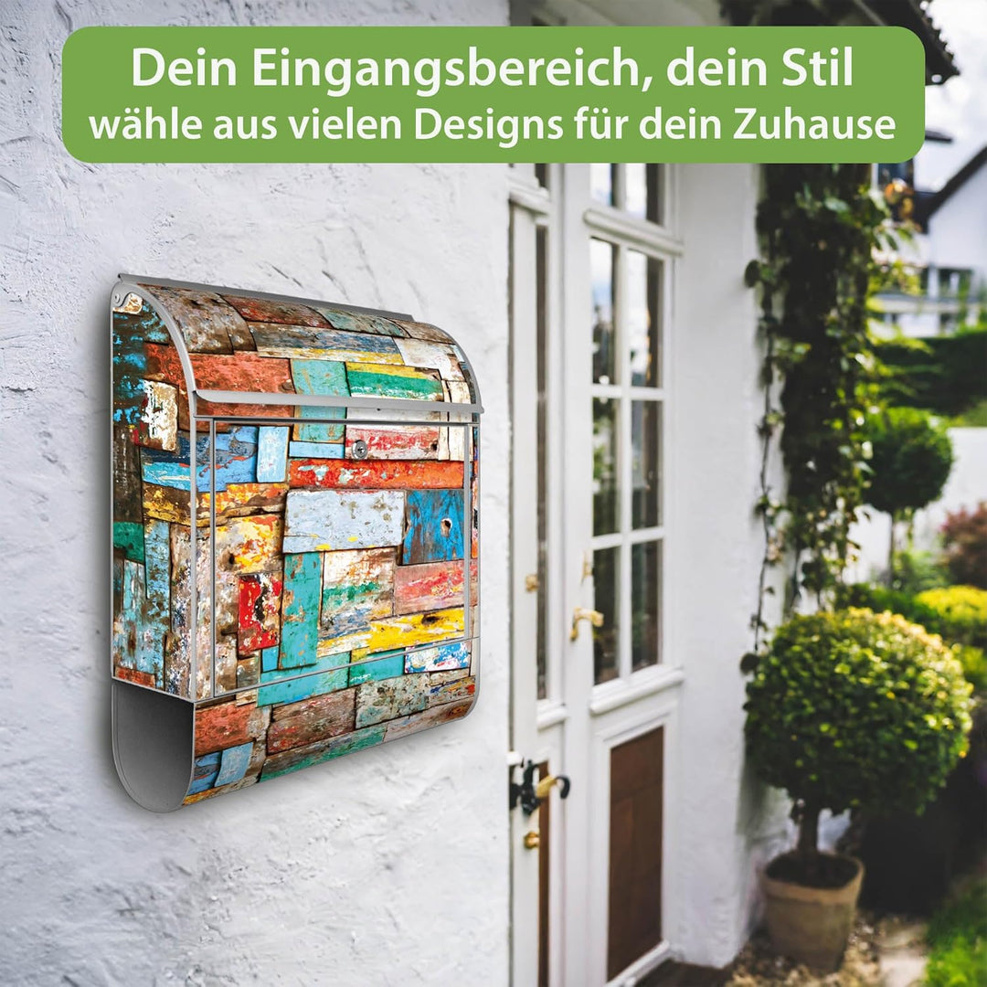 banjado® Design Briefkasten mit Motiv Bunte Holzschindeln 39x47x14cm &amp; 2 Schlüssel - Briefkasten Sta