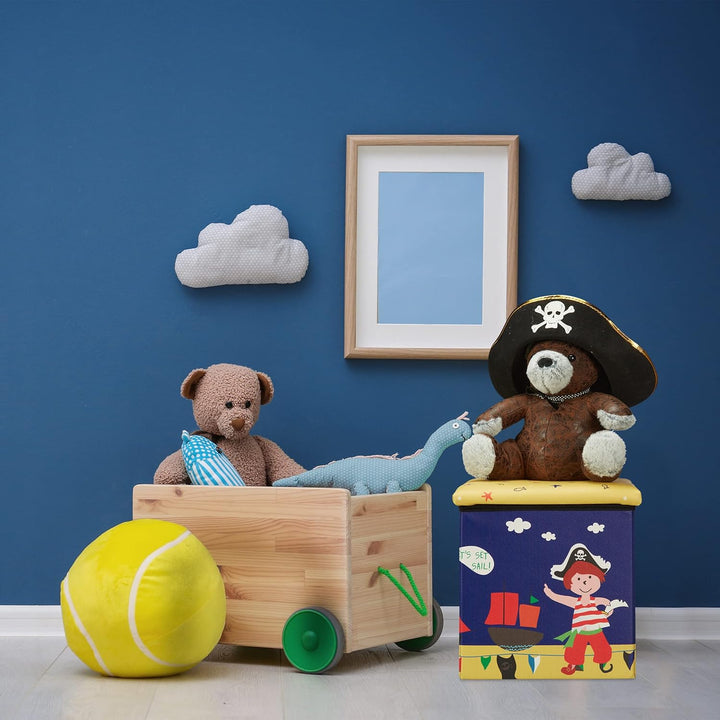 Relaxdays Sitzhocker Kinder, Piraten-Design, Sitzbox faltbar, mit Stauraum, Sitzwürfel, HxBxT 31 x 3