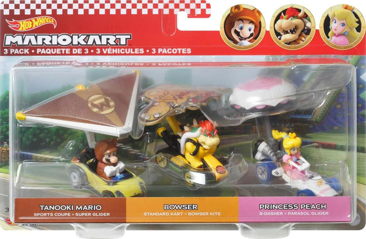 Hot Wheels HDB39 - Super Mario Kart Glider 3er-Pack, 3 Spielzeugautos im Massstab 1:64, mit drehbare