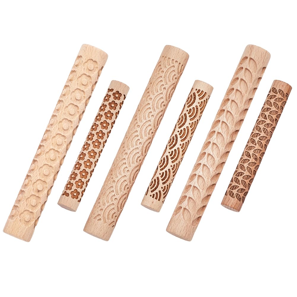CREATCABIN 6er Set Mit Musterrollen Für Tonmodellierung 3 Stile Strukturierte Nudelhölzer Blumen Mee