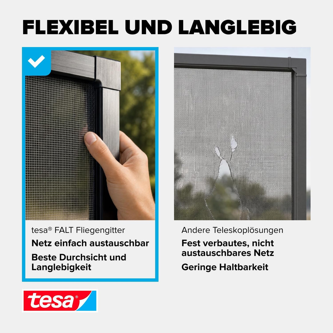 tesa Insect Stop FALT Fenster - Faltbarer Alu-Rahmen - Fliegengitter mit verstellbarem Teleskoprahme