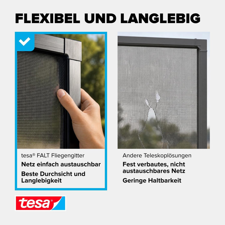 tesa Insect Stop FALT Fenster - Faltbarer Alu-Rahmen - Fliegengitter mit verstellbarem Teleskoprahme