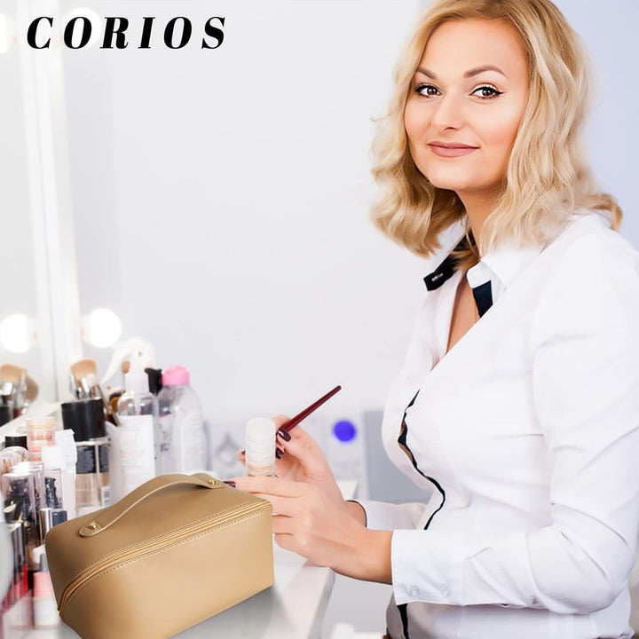 CORIOS Grosse Kapazität Kosmetiktasche Wasserdicht Kulturtasche Leder Schminktasche Multifunktions K