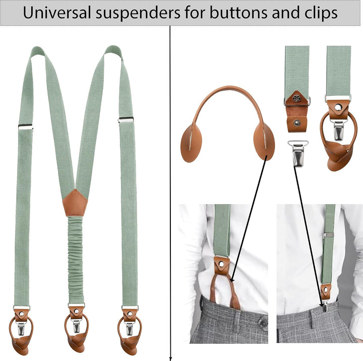 Leinen Accessoires: Fliege mit Leder, Hosenträger mit Leder, Einstecktuch, Manschettenknöpfe für Her
