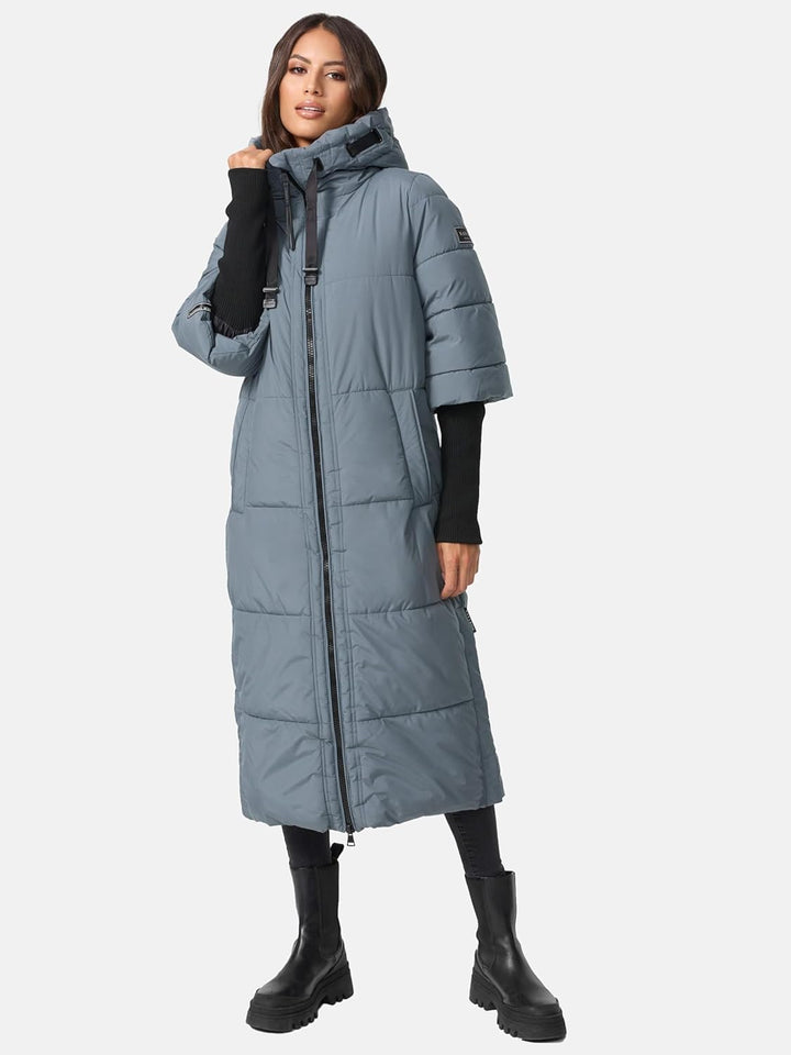 Navahoo Damen Wintermantel Warmer Steppmantel lang mit Kapuze und Rippstrickärmeln Ciao MIAU XIV XS-