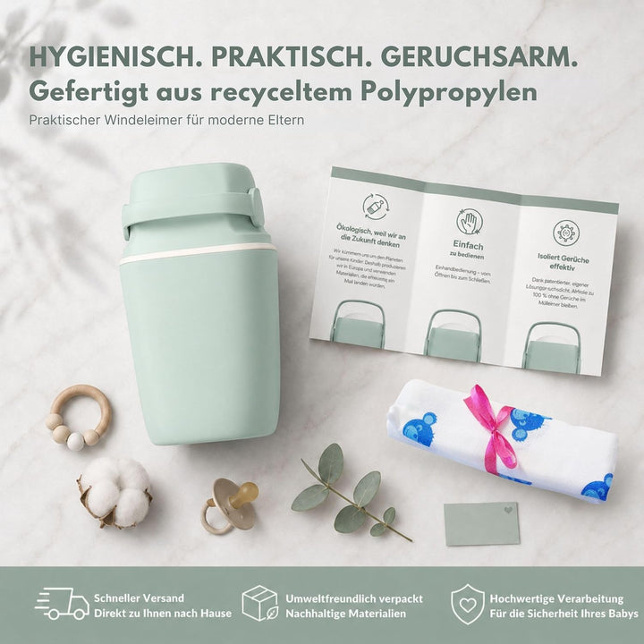 AirWell Windeleimer Geruchsdicht &amp; Windel Blaubaer - Wickeleimer, mit Geruchsstopp-System, Einhändig