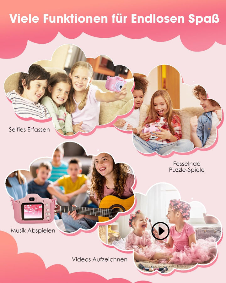 Kinderkamera für Mädchen, 3-12 Jahre, 2.0”Display Digitalkamera, Doppelobjektiv, 32GB SD-Karte, Sili