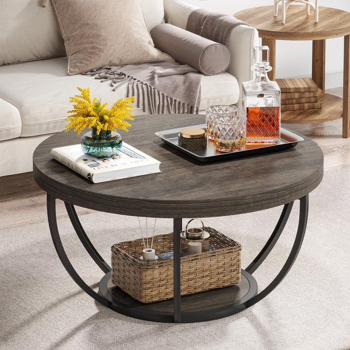 Tribesigns Runde Couchtisch, Industrial 2-Tier-Kreis Couchtisch mit Lagerung Regale, Moderne hölzern