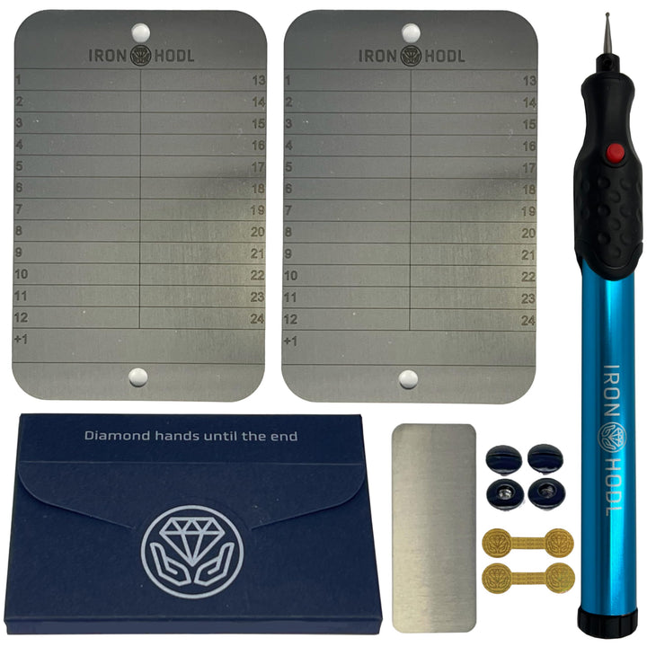 IRON HODL Steel Wallet + Gravierstift blau + Testplatte, Schrauben, Sticker, Box - (2x 24+1) Recover