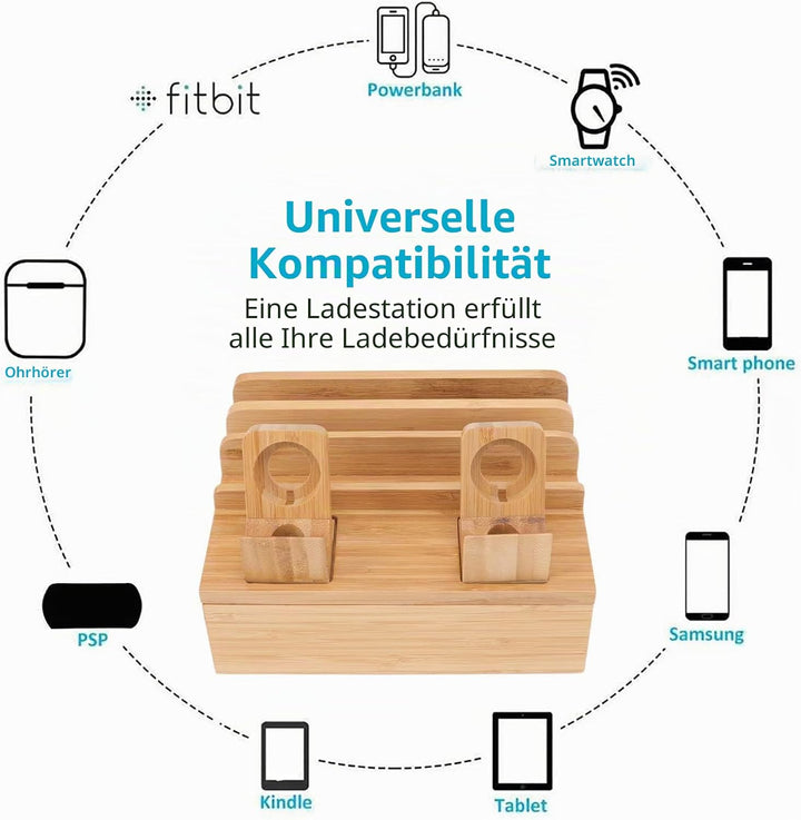 Gugxiom Bambus-Ladestation, Multifunktions-Ladestation mit 5 Anschlüssen, Geräte-Organizer, Magnetis