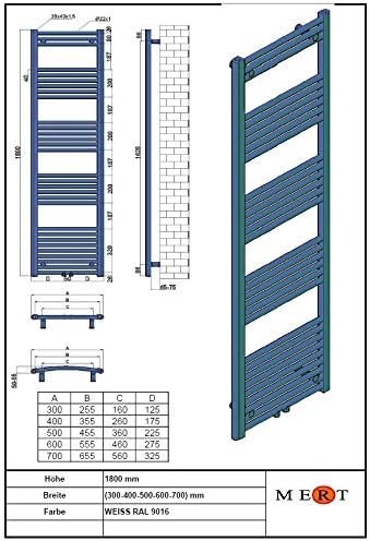 Mert Heizung elektrisch oder Warmwasser 1/2 Zoll Bad-Heizung 1800x300 Bad-Heizkörper Mittelanschluss
