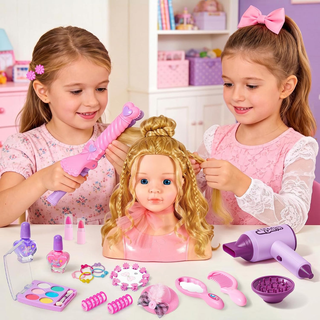Frisierkopf Kinder Schminkkopf Mädchen Spielzeug, Stylingkopf Set mit Haartrockner, Lockenstab, Schm