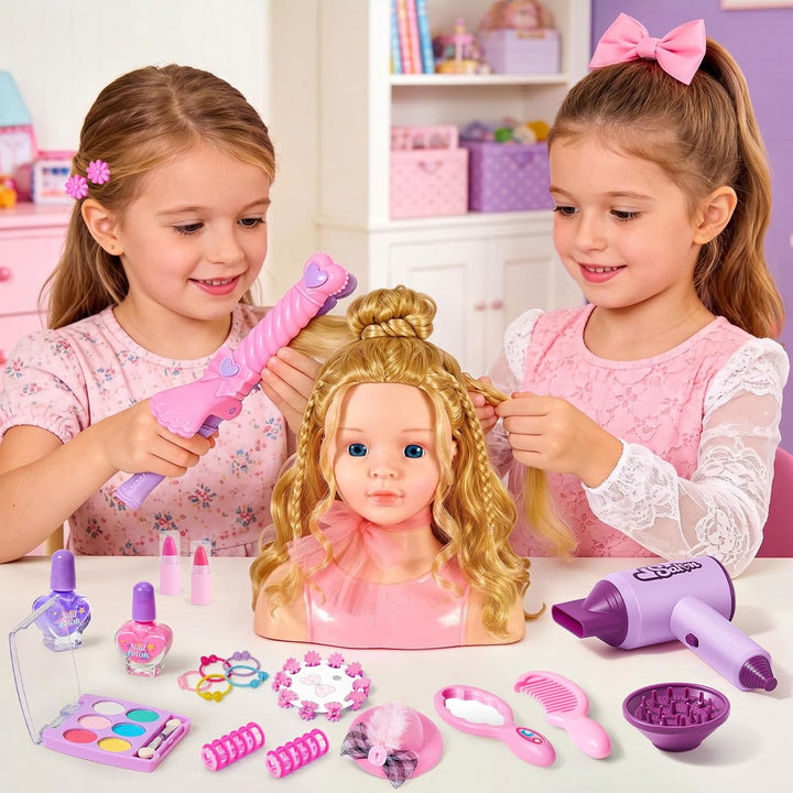 Frisierkopf Kinder Schminkkopf Mädchen Spielzeug, Stylingkopf Set mit Haartrockner, Lockenstab, Schm