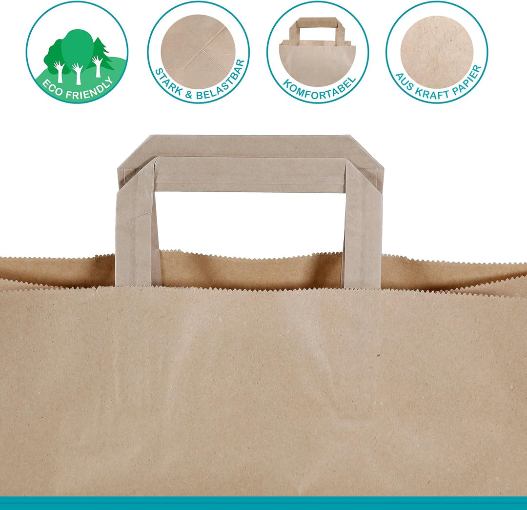 Commerline Papiertüten 250 Stück, Braun, 32+17x27 cm | Kraftpapier Tüten Klein Mit Henkel | Tragetas