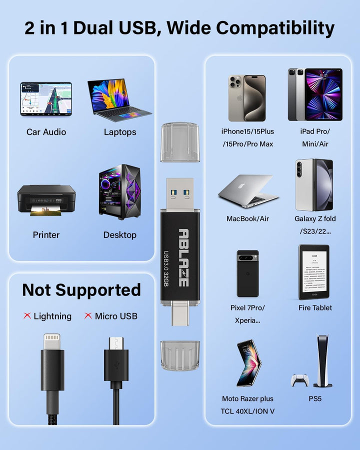 ABLAZE USB C Stick 32GB 2 Stück, Dual-USB Typ C + USB A 3.0 Speicherstick, OTG Flash Drive für Andro