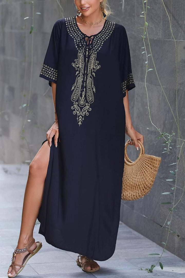 L-Peach Damen Stickerei Kaftan Loungewear Homewear Übergrosse Kimono Maxi Strandkleid Cover Ups Robe