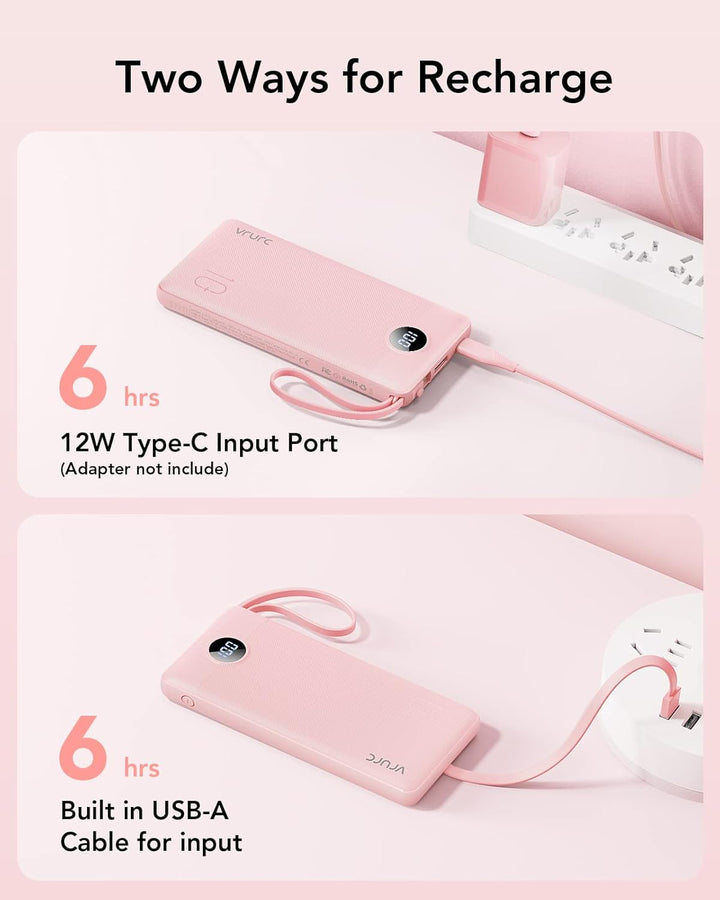 VRURC Powerbank 10000mAh mit Kabel, Power Bank Tragbares Ladegerät USB C Externer Handyakkus LED Dis