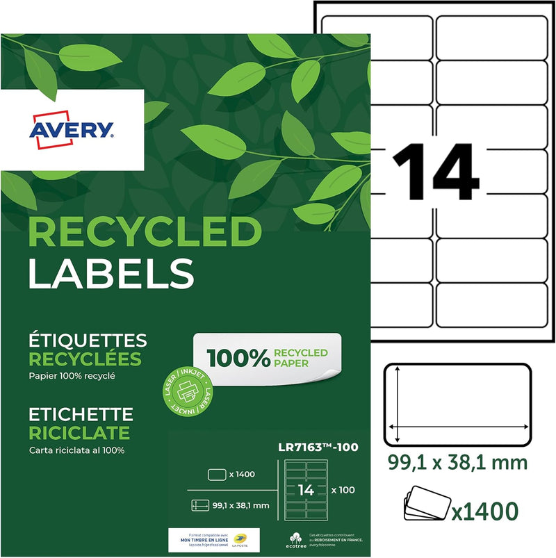 AVERY Zweckform LR7163-100 Adress-Etiketten (A4, 1.400 Stück, Recycling, 99,1 x 38,1 mm, 100 Blatt)