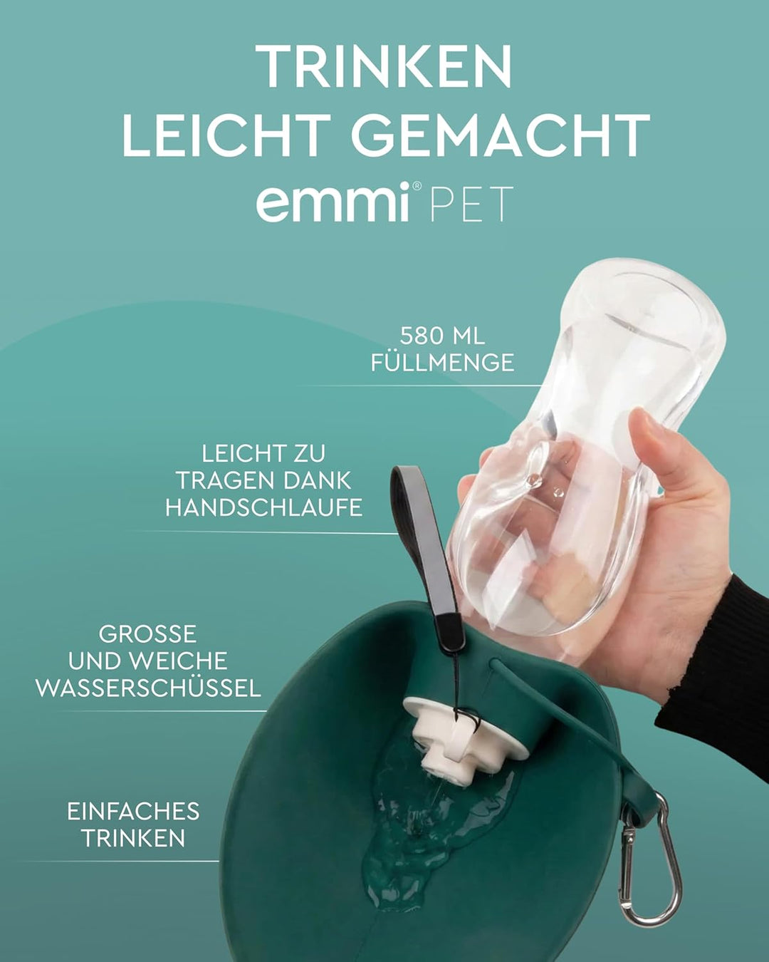 emmi-PET Hundetrinkflasche in Dunkelgrün I 580 ml I Auslaufsichere Trinkflasche mit integriertem Nap