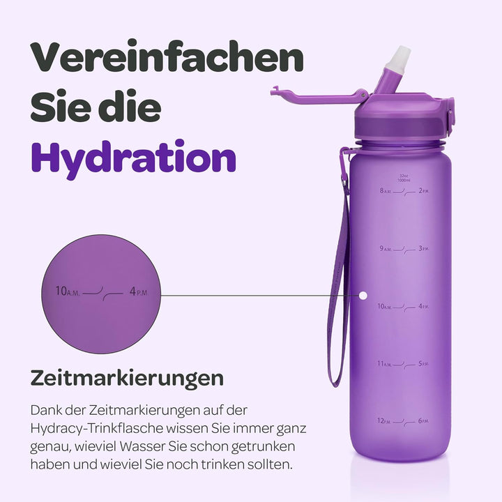 Hydracy Trinkflasche mit Strohhalm und Zeitmarkierung - 1L Wasserflasche - BPA-freie Trinkflasche -
