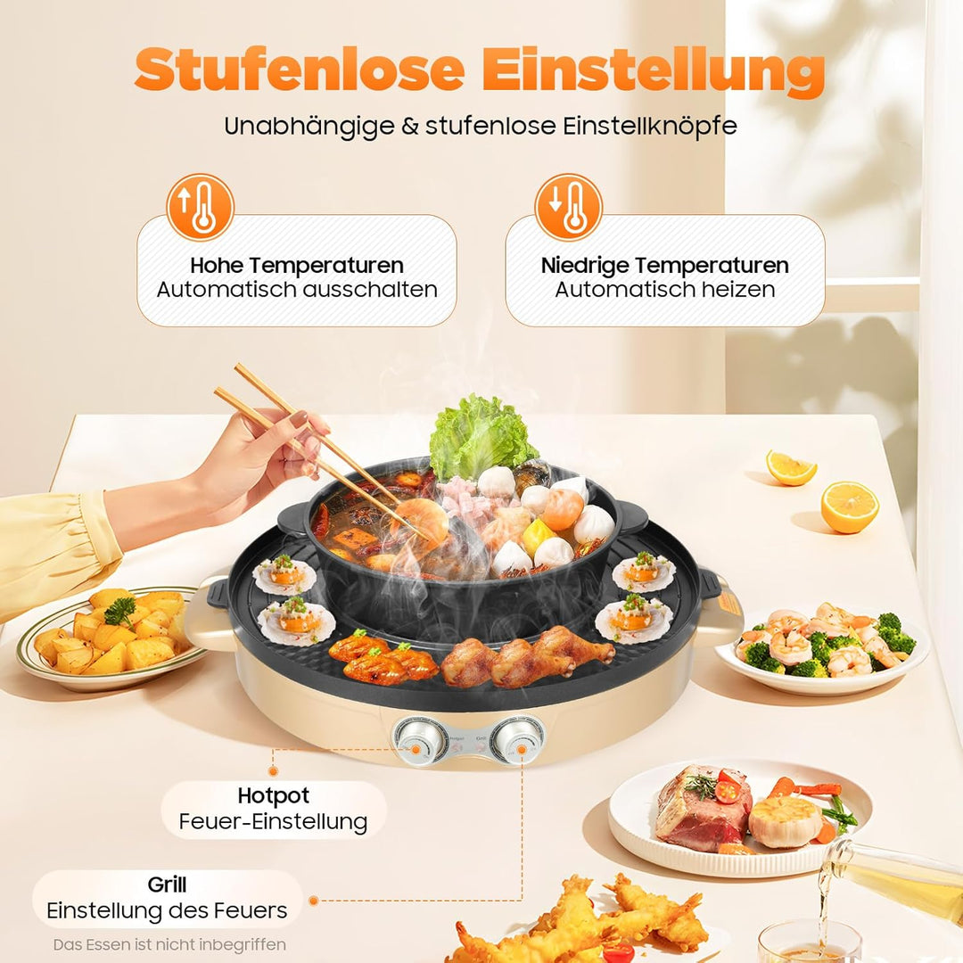 2200W Hot Pot Elektrisch mit Grillplatte, 2-in-1 Design für Fondue und BBQ mit abnehmbarem Fondue To