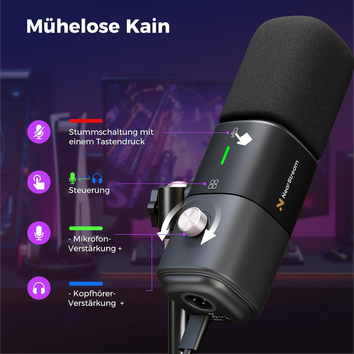 NearStream AM25X USB/XLR Kondensator Mikrofon mit ständer,Podcast Mikrofon Set, EIN-TIPP Stummschalt