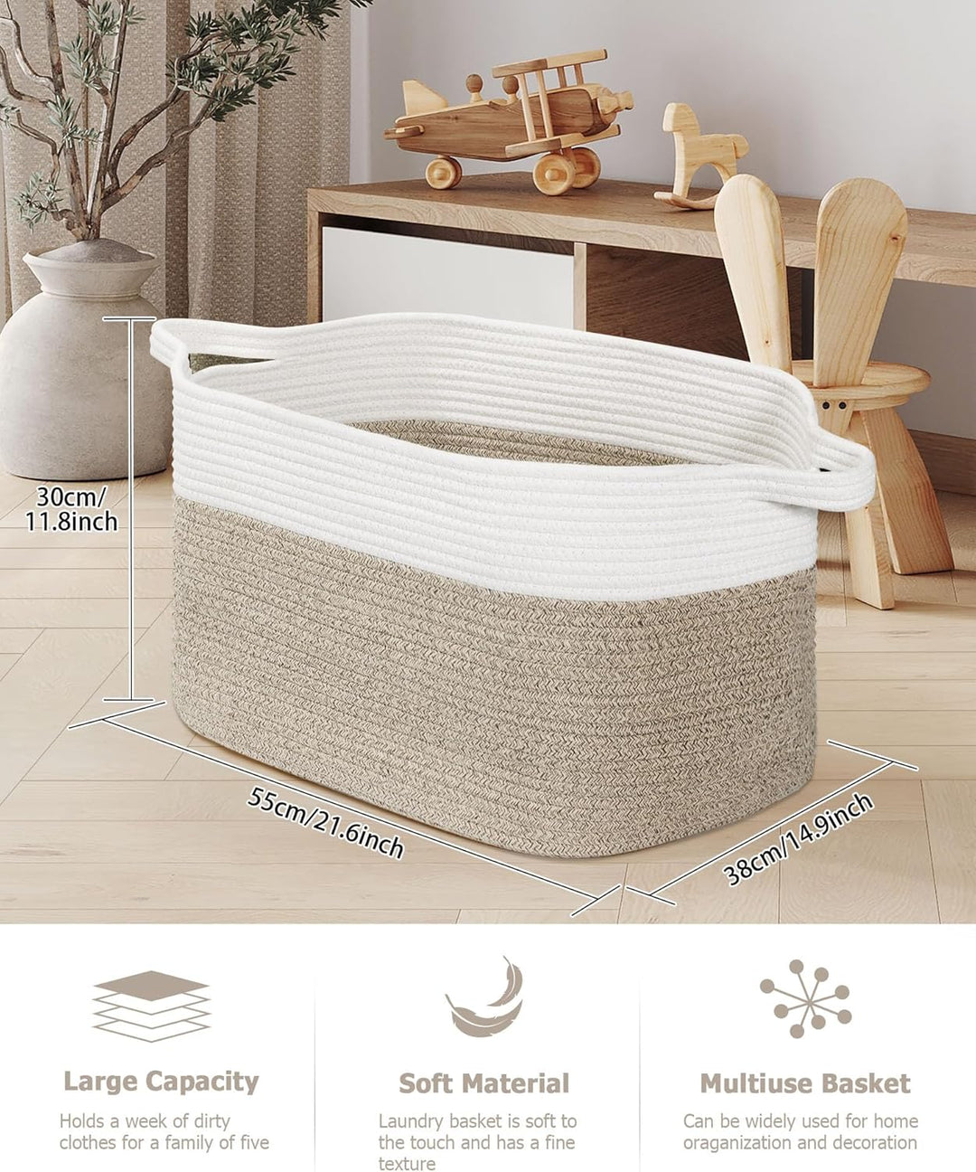 Faltbarer Wäschekorb, Korb Aufbewahrung, 63L Grosse Wäschesammler, Laundry Baskets aus Baumwolle, Ge