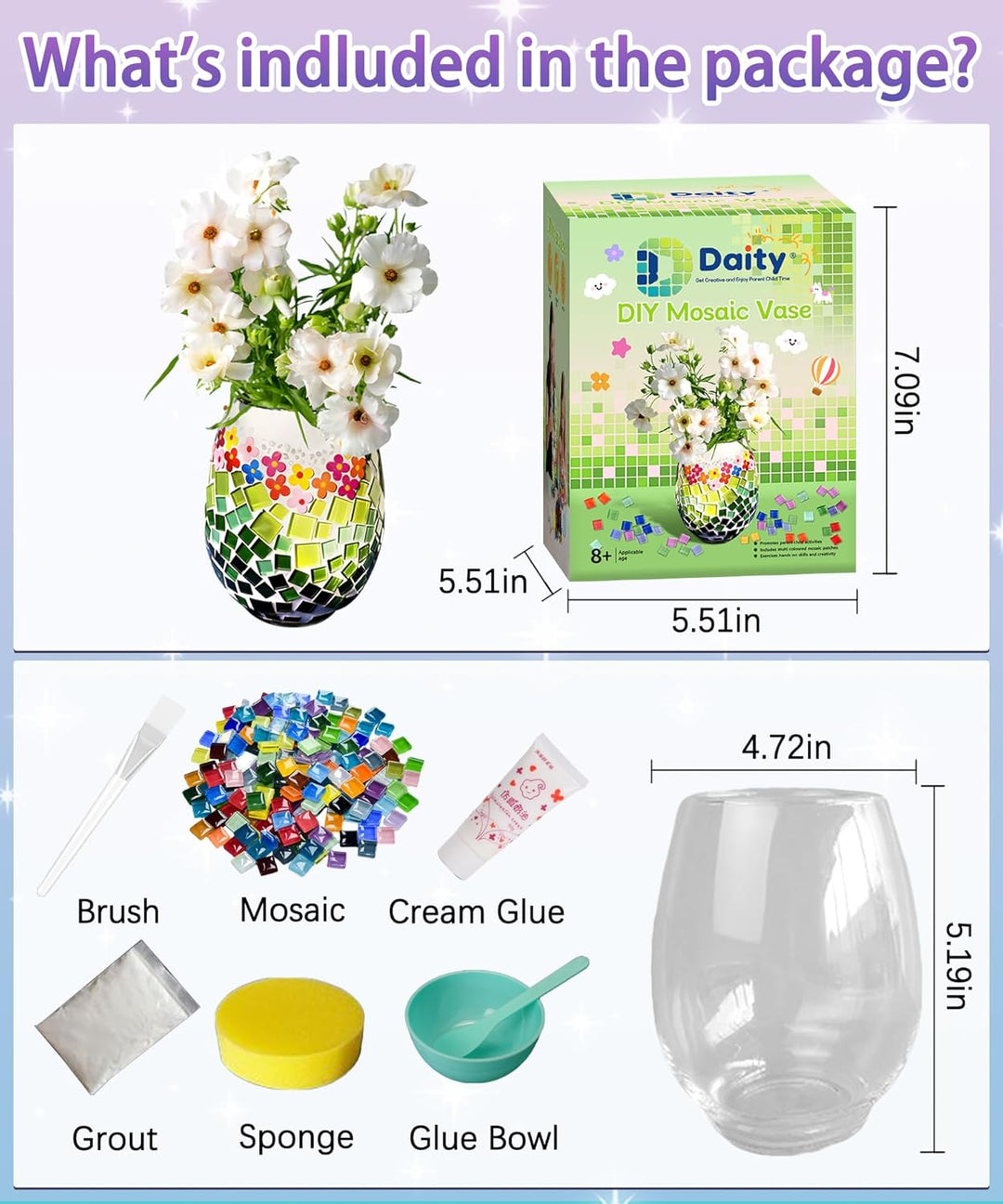 Daity Mosaik bastelset Kinder Erwachsene Glasmosaik Vase set mosaiksteine zum basteln set kann Wasse