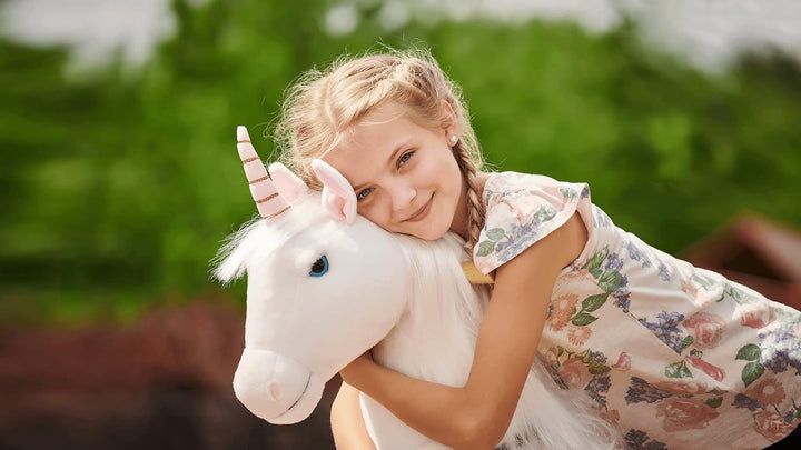 PONNIE Einhorn mit Rollen M (5-12 Jahre), Unicorn zum Reiten mit Abnehmbarer Braun Sattel und Halfte