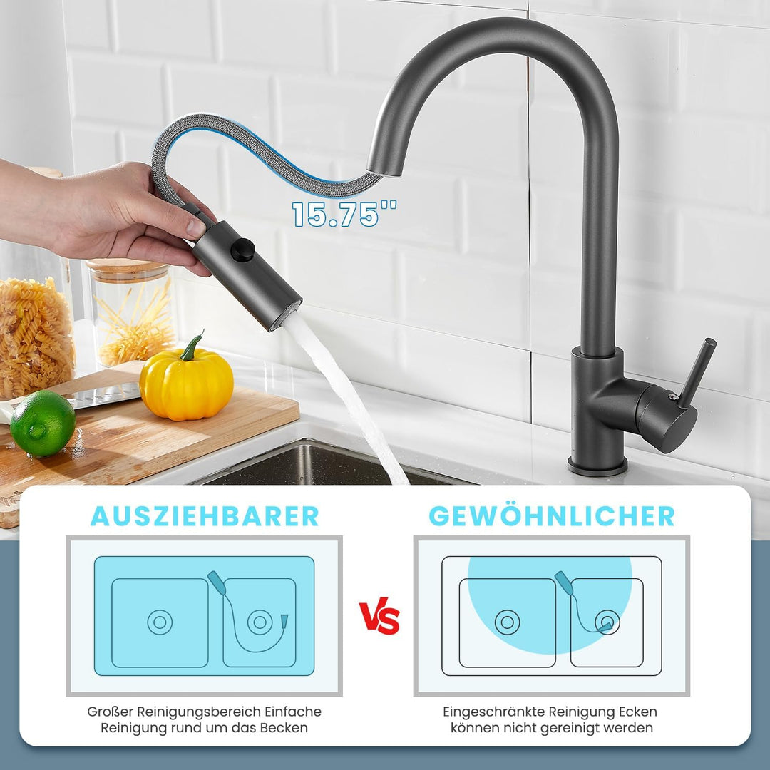 Niederdruck Armatur Küche Ausziehbar Anthrazit,360° Drehbare Küchenarmatur,Wasserhahn mit 3 Anschlue