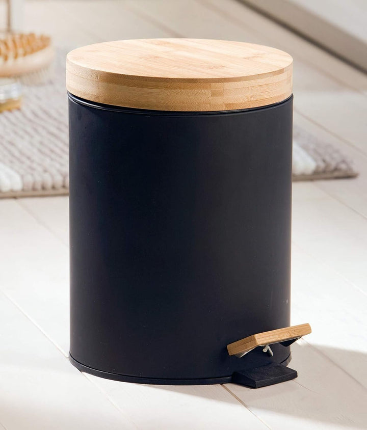 Dekoleidenschaft Treteimer matt-schwarz mit Deckel aus Bambus Holz, Bioeimer, Küchen-Abfalleimer, Ko