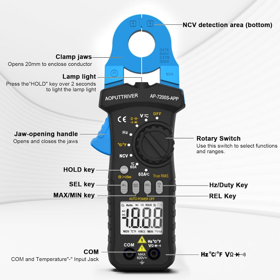 Stromzangen Amperemeter mit Bluetooth Konnektivität TRMS 6000 Zählung Berührungslose AC/DC-Spannungs