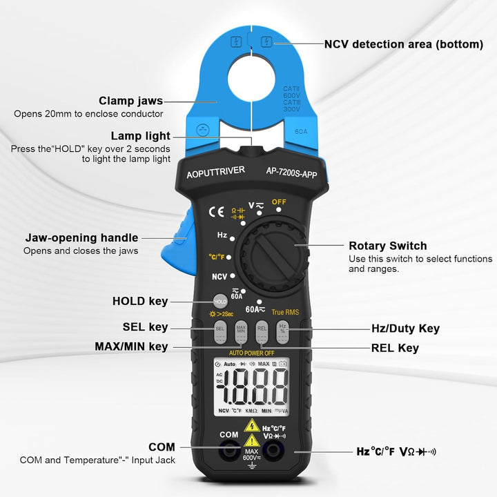 Stromzangen Amperemeter mit Bluetooth Konnektivität TRMS 6000 Zählung Berührungslose AC/DC-Spannungs