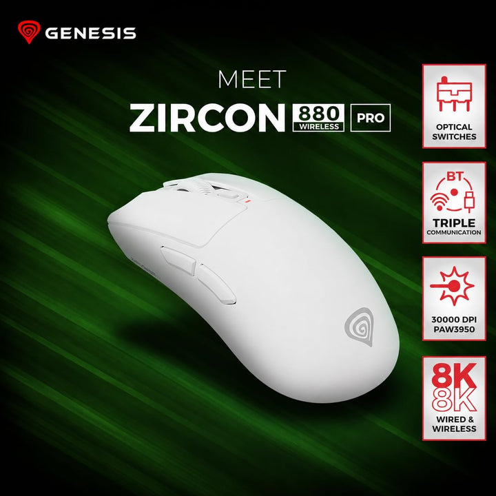 Genesis Zircon 880 PRO 8K Gaming Maus kabellos Weiss, 30000 DPI Wireless Gaming Mouse, PixArt PAW395