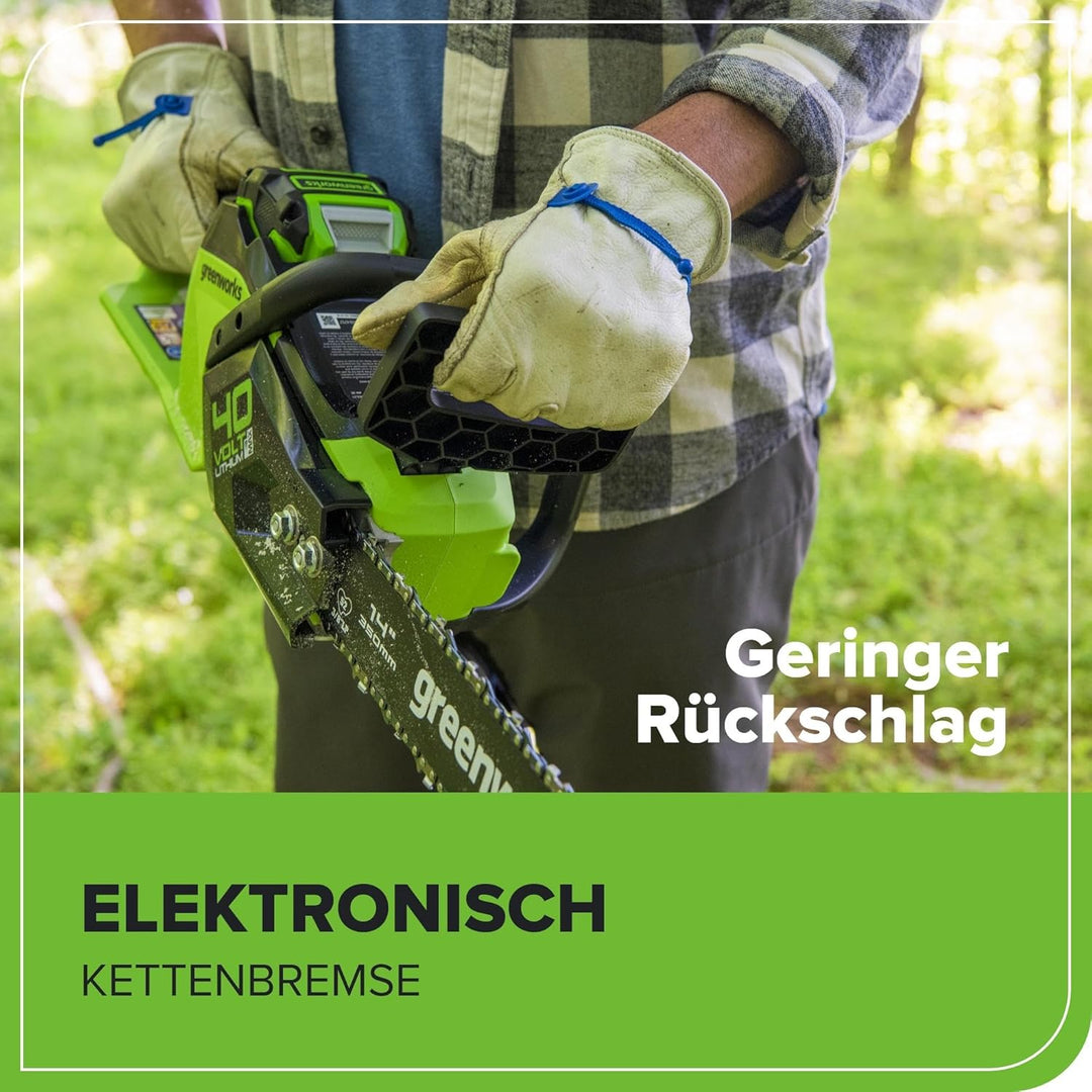 Greenworks Akku Kettensäge mit bürstenlosem Motor, 14 Zoll (35cm) Blattlänge, 12 m/s Kettengeschwind