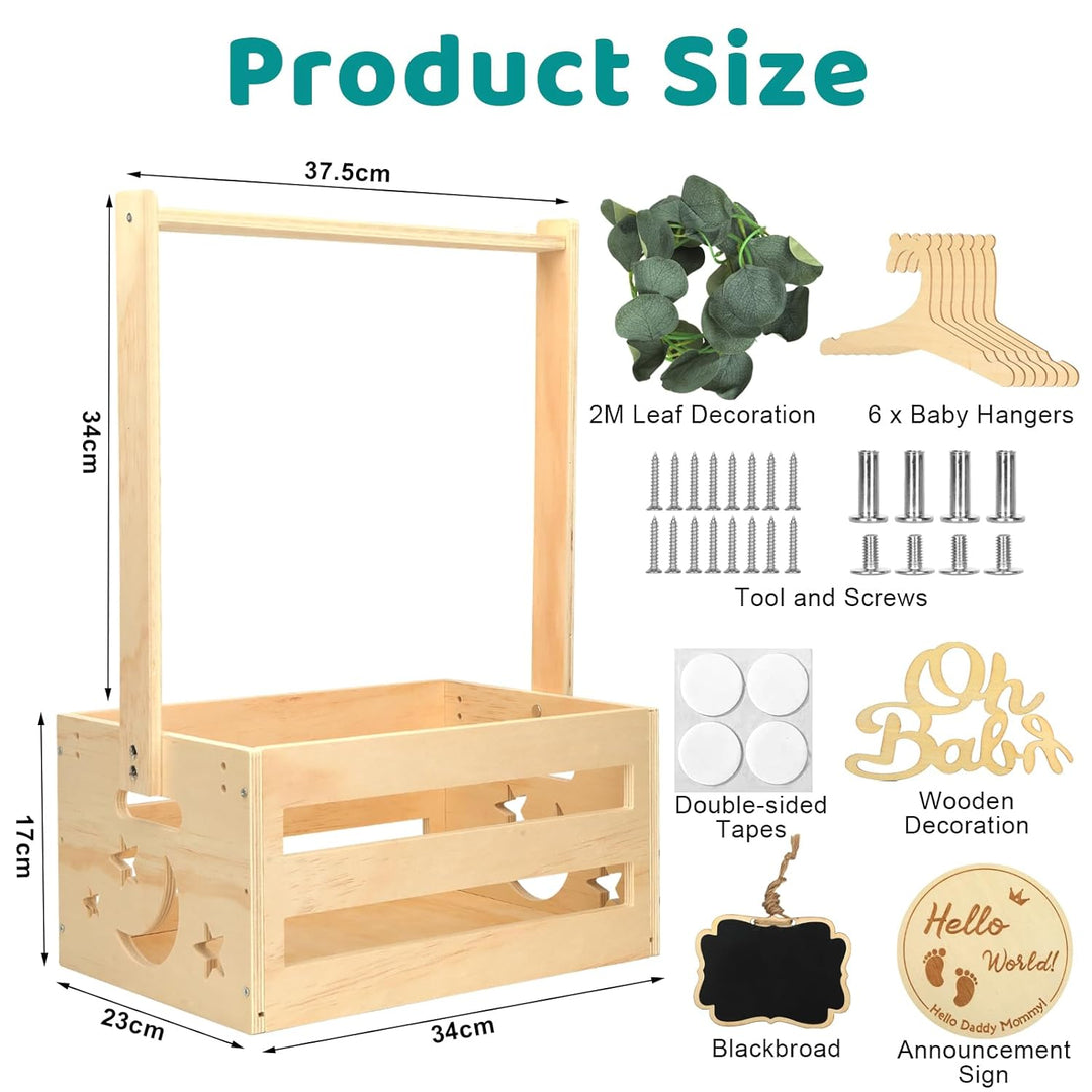 Babyparty Geschenk mit Holz, Babykorb mit 6 Holzkleiderbügel und Dekorblättern, Geschenkkorb Baby Ko