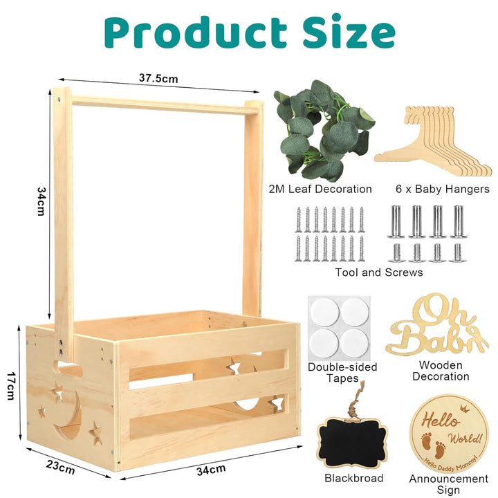Babyparty Geschenk mit Holz, Babykorb mit 6 Holzkleiderbügel und Dekorblättern, Geschenkkorb Baby Ko