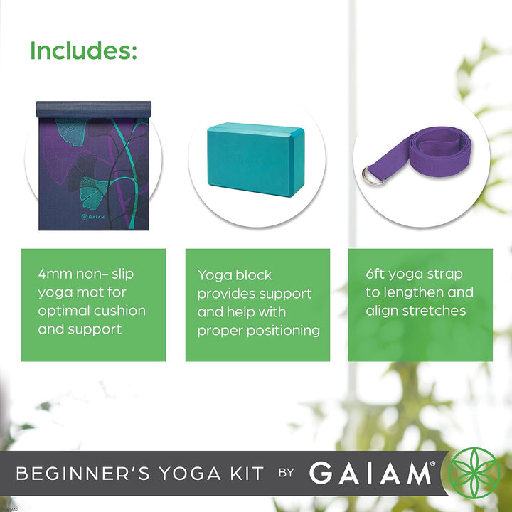 Gaiam Beginner's Yoga Starter Kit Set (Yoga Mat, Yoga Block, Yoga Strap) - Light 4mm Thick Printed N