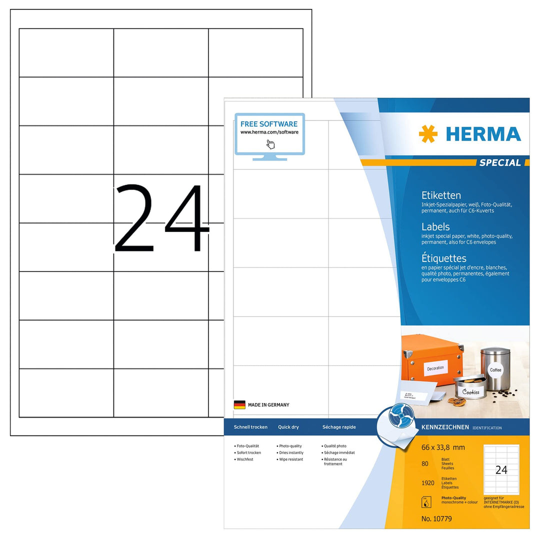 HERMA 10779 Universal Etiketten für Inkjet Drucker, 80 Blatt, 66 x 33,8 mm, 24 Stück pro A4 Bogen, 1